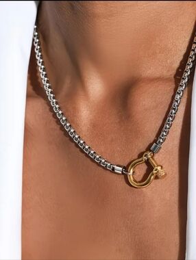 Two-Tone Box Chain Necklace with Gold Shackle Clasp. 18" Size